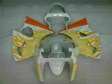 Carénage Moto Kawasaki ZX6R 00-02 - Blanc Jaune Flamme