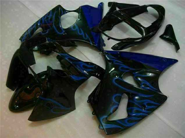 Carénage Moto Kawasaki ZX6R 00-02 - Noir avec Bleu Flamme Carénage Moto Kawasaki ZX6R 00-02 - Noir avec Bleu Flamme