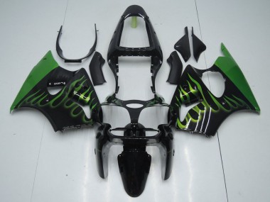 Carénage Moto Kawasaki ZX6R 00-02 - Noir avec Vert Flamme