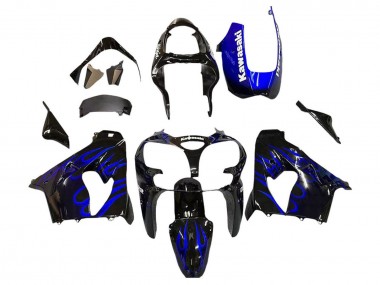 Carénages Moto Kawasaki ZX9R 2000-2001 - Noir Brillant Bleu Flamme Blanc